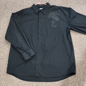 Black Casual Button Down Shirt with Long Sleeves and Unique Design